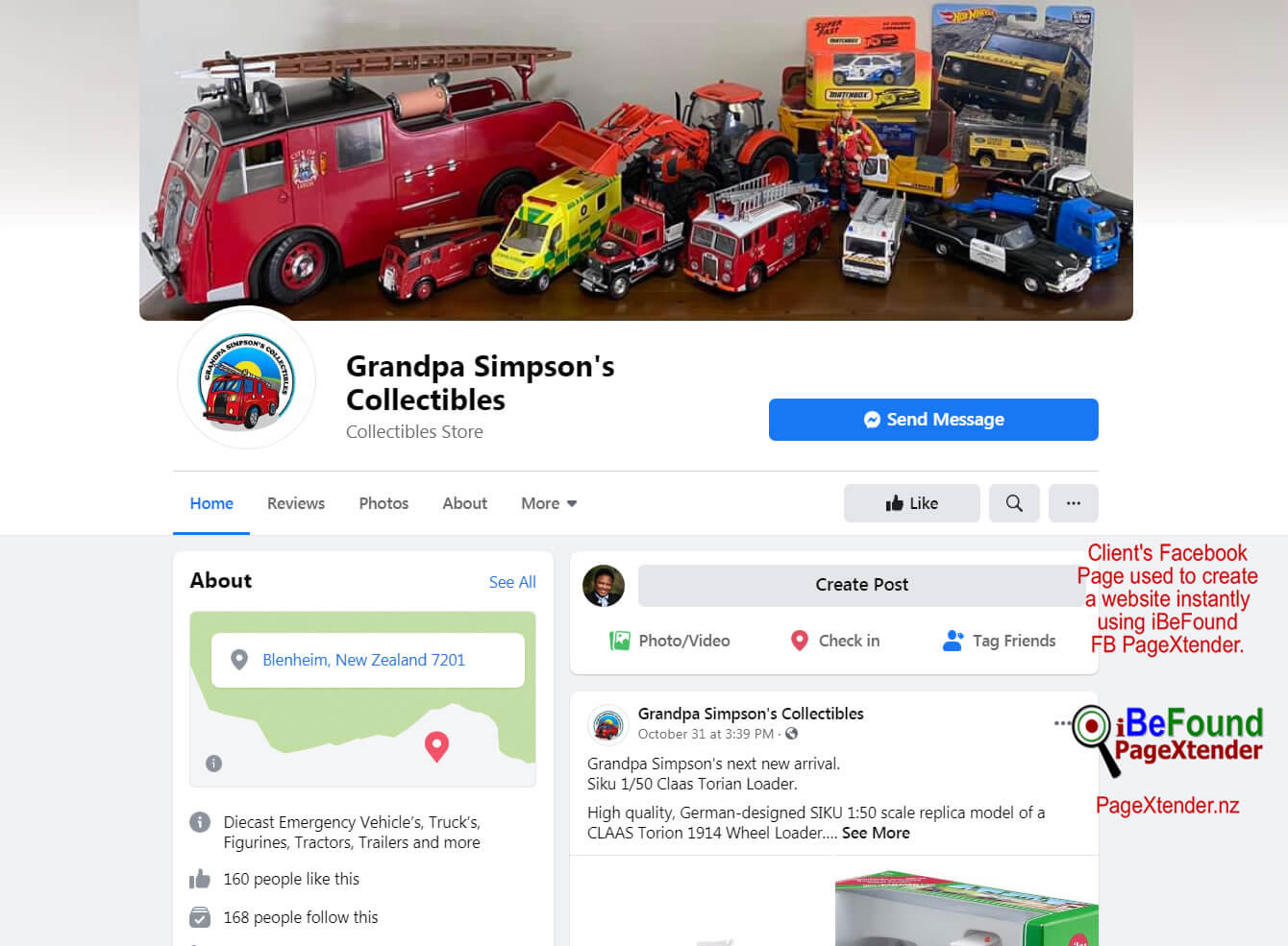 FB Page Of Grandpa Simpsons Collectibles Used For Instant Biz Site Creation With PageXtender By IBeFound NZ